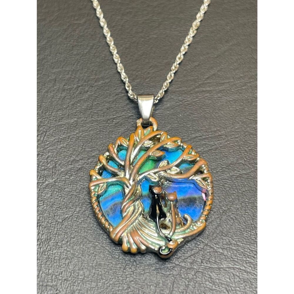 Tree of Life Silver Necklace with Blue-Green Enamel Pendant - Picture 2 of 13